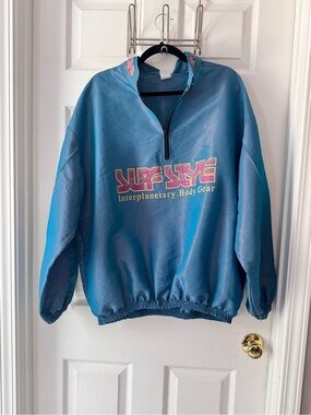 Surf style Blue 'Interplanetary Body Gear' Graphic Half-Zip Pullover